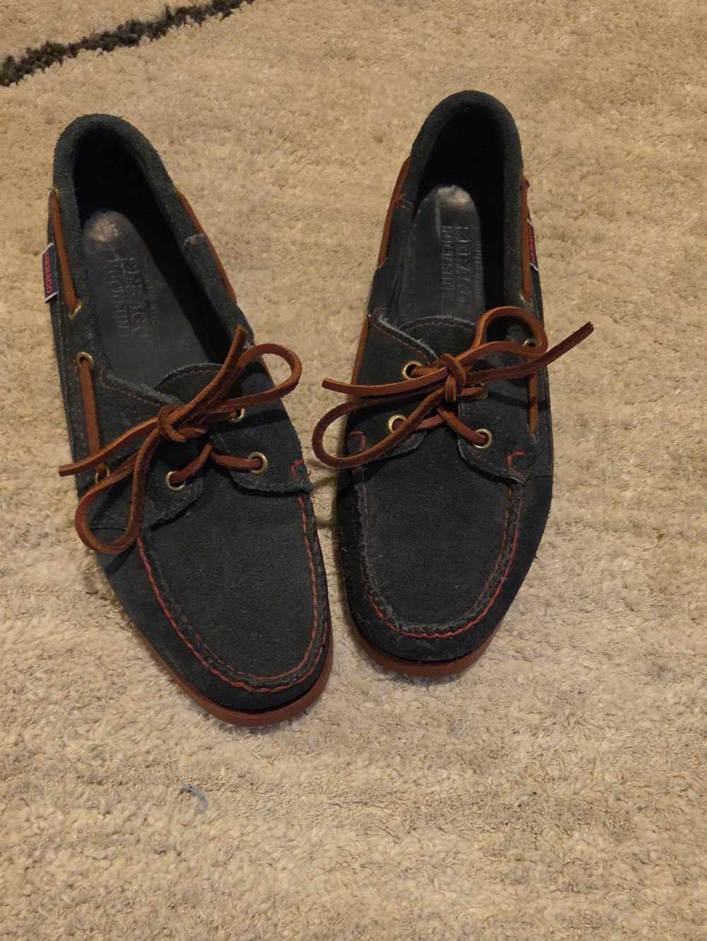 Sebago Navy Suede Boat Shoes with Brown Laces